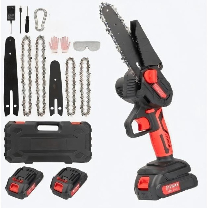 Електрически верижен трион, безчетков мотор, 2 батерии, 4 вериги, червен, 17.5 инча, включени аксесоари