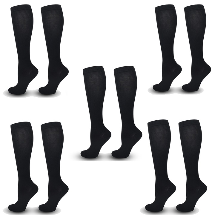 Set ciorapi compresivi, Axroad Mall, 5 perechi, Dimensiunea XXL, Unisex, Imbunatatesc circulatia, Reduc oboseala picioarelor, Previn edeme si varice, Ideali in sarcina si calatorii, Prevenirea, tratarea insuficientei venoase, Negru