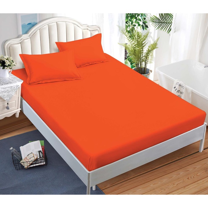Set Husa de Pat CHIRASO, FINET Premium, cu ELASTIC, 180x200 cm si 2 Fete de Perna 52x80 cm, UNI, portocaliu