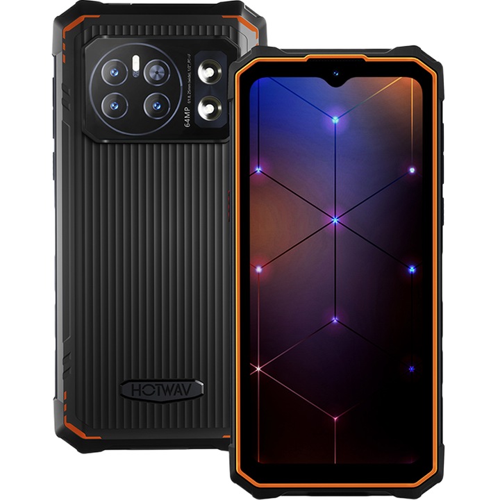Смартфон HOTWAV Cyber 13, Две SIM карти, 4G, Осемядрен, 6.6-инчов, 16GB RAM, 8GB + 8GB външна, 128GB, Камера 64MP + 16MP, 10800mAh, NFC, Мощно фенерче 150 лумена, Android 14, IP68/IP69K, Оранжев