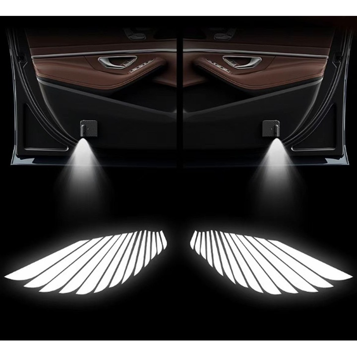 Set 2 Proiectoare LED pentru Usi Auto, OEMG®, Aripi de inger, comutator inteligent cu senzor, proiectie HD, suport cu banda dublu, Durabilitate Mare, Inchide usa si stinge luminile, Blu-ray