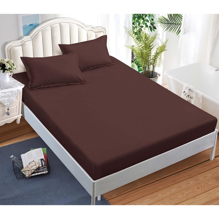 Set Husa de Pat CHIRASO, FINET Premium, cu ELASTIC, 180x200 cm si 2 Fete de Perna 52x80 cm, UNI, maro inchis