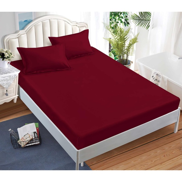 Set Husa de Pat CHIRASO, FINET Premium, cu ELASTIC, 180x200 cm si 2 Fete de Perna 52x80 cm, UNI, rosu inchis