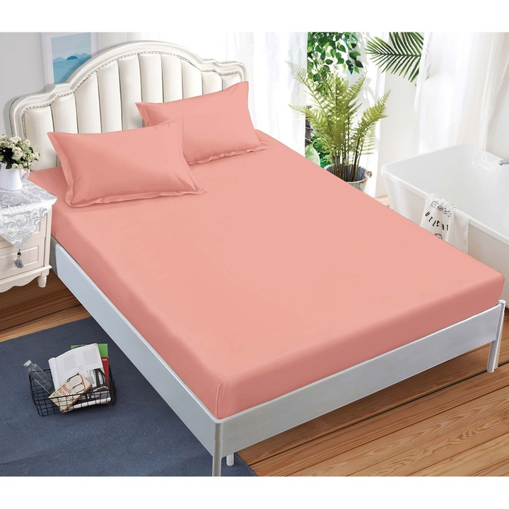 Set Husa de Pat CHIRASO, FINET Premium, cu ELASTIC, 180x200 cm si 2 Fete de Perna 52x80 cm, UNI, piersica