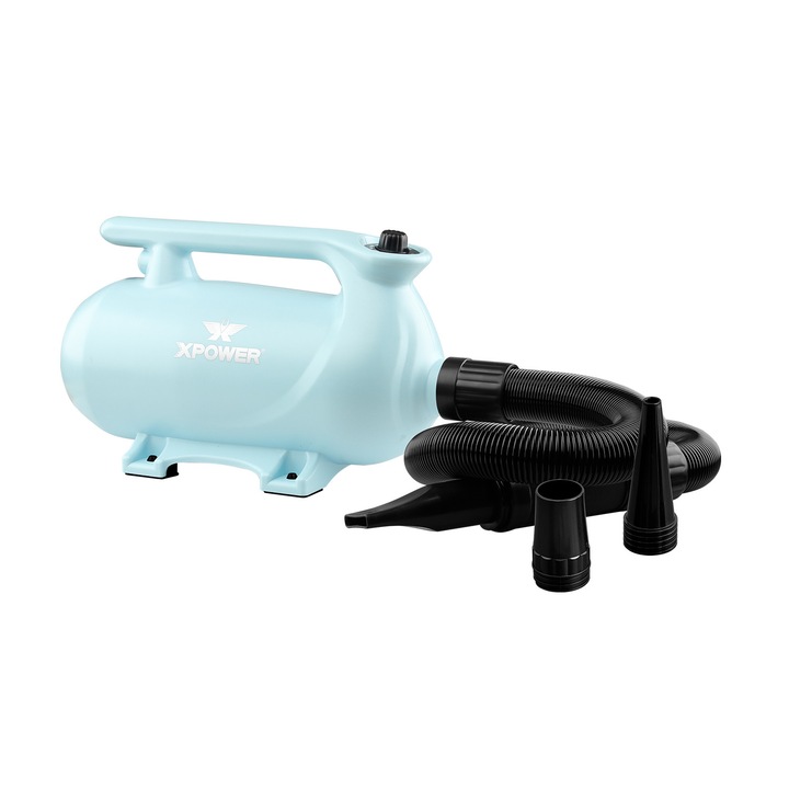 Uscator de par pentru animale XPOWER, viteza reglabila si control al temperaturii, uscator de par pentru caini, uscator de par pentru animale cu 3 duze (Albastru, B-163)