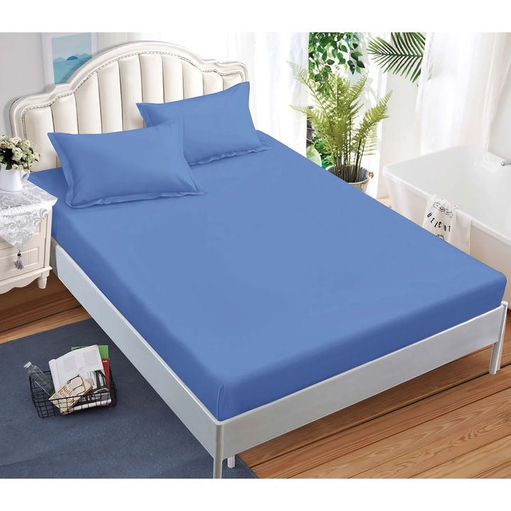 Set Husa de Pat CHIRASO, FINET Premium, cu ELASTIC, 180x200 cm si 2 Fete de Perna 52x80 cm, UNI, albastru