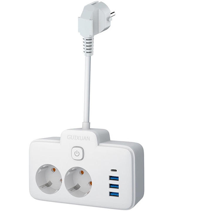 Адаптер за контакт, GUIXUAN, 2 предни контакта, 3 USB, 1 Type-C, 6 в 1, бързо зареждане 20W, бял