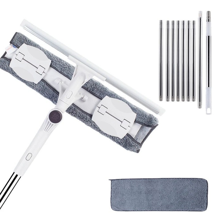 Телескопична чистачка за прозорци, lynker, Изключително дълга дръжка, 380 см Регулируема, за прозорци, плочки, фаянс или под, подвижна кърпа, сива