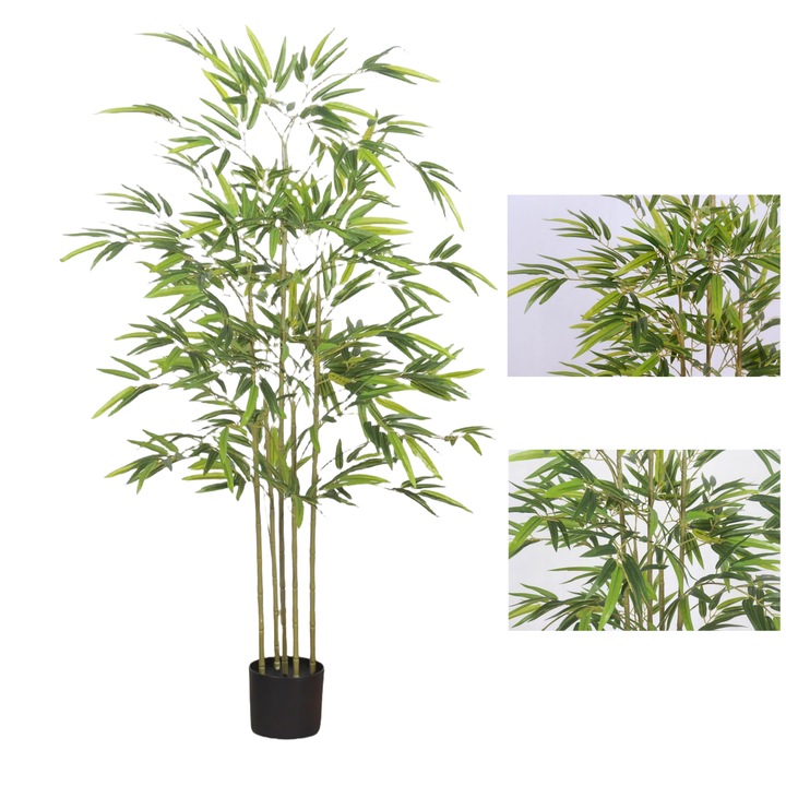 Planta artificiala, RorAem, bambus, Planta artificiala cu ghiveci inclus, cu 3 trunchiuri, PEVA/Polipropilena/Metal, 120cm, Verde