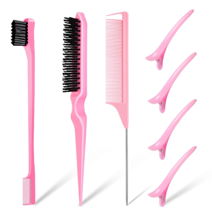 Set 7 Perii si Piepteni pentru Coafat Profesionala - Perie din Fire Naturale, Pieptene Rat Tail, Edge Brush, Pentru Stilizare, Pieptenat si Creatie Volume, Unisex, cu Manere Ergonomice, Roz