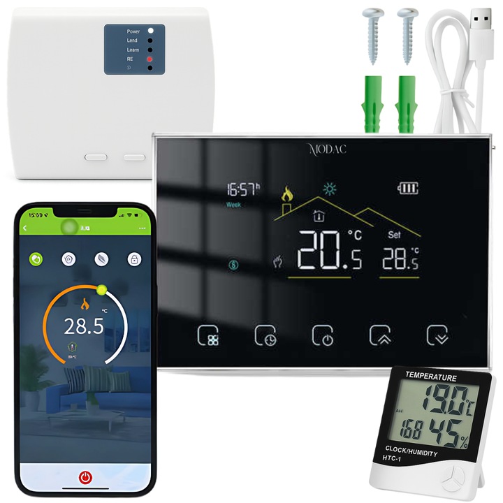 Modac® WT-20 intelligens szobatermosztát, Wi-Fi + RF vezeték nélküli, internetes vezérléssel és Smart Life alkalmazással, 7 napos programozás × 4 intervallum, megvilágított érintőképernyő, gáz-/elektromos kazánokkal kompatibilis, fekete