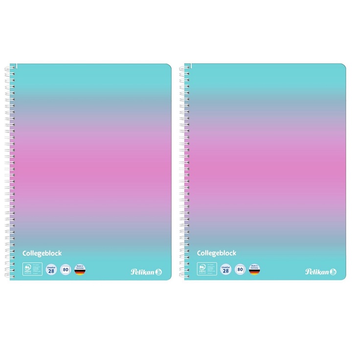 Set 2 x Caiete matematica A4, 80 file cu spira, Pelikan, hartie 70g/mp, coperta Color Edition roz-mint