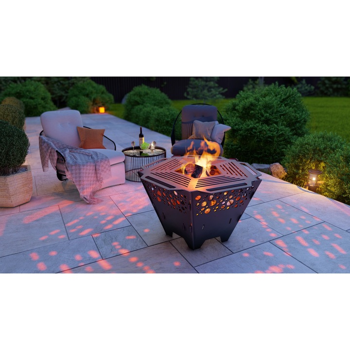 2 az 1-ben Acél kerti grillsütő, 80 cm átmérőjű, 50 cm magas, dekoratív tűz funkcióval, robusztus