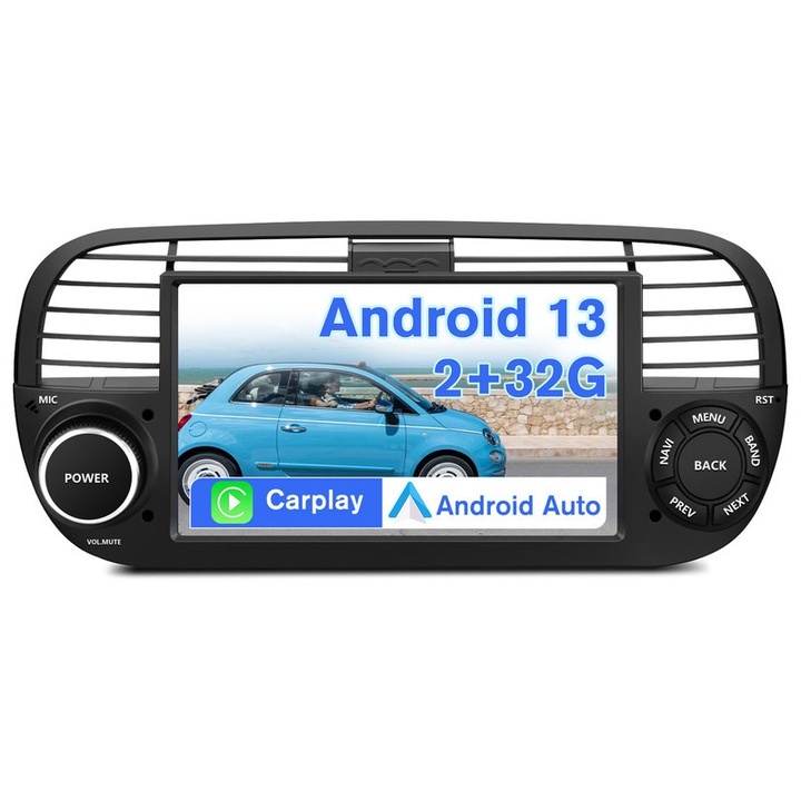 Sistem Multimedia, AWESAFE, radio cu navigatie pentru FIAT 500 2007-2015, Sistemul Android, 2GB+32GB, Wifi, ecran tactil de 7 inci, Carplay, Android Auto, DSP, Radio FM, Controlul volanului, Bluetooth, CD player