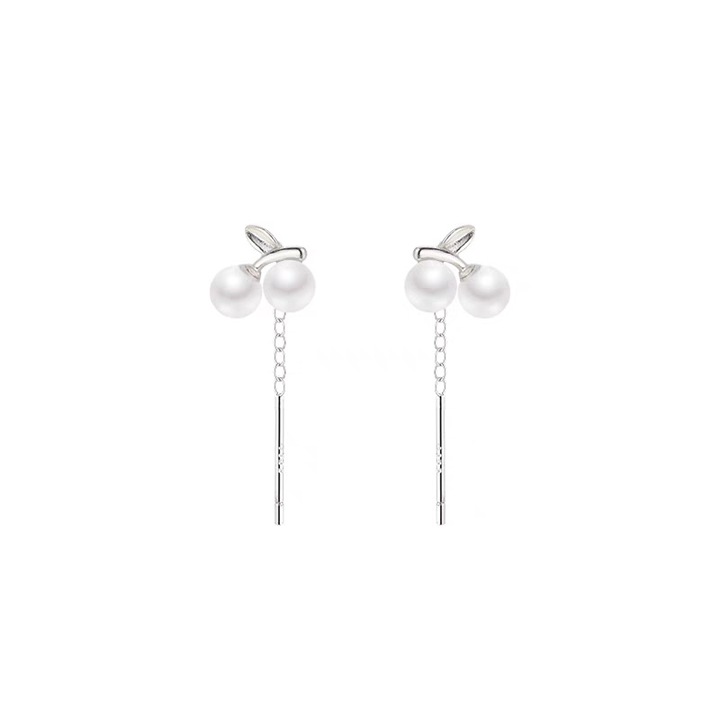 Дълги обеци от сребро 925 с перли, обеци модел череши, 4.3см, сребристо и бяло