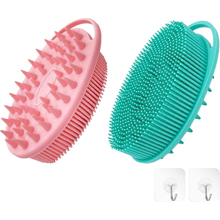 Bureti de baie TodyJeyHo, set 2 buc, exfoliant din silicon, verde/roz