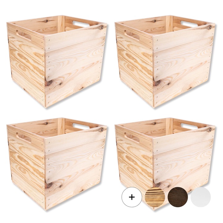 4x Natúr fa doboz Kallax polcokhoz, Creative Deco, 33x37x33 cm, Kocka + helytakarékos szekrény fogantyúk