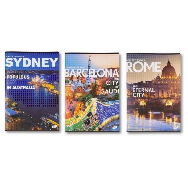 Set 3 caiete Elisa Premium A4, 60 file, hartie 80 g/mp, dictando, coperta 300g/mp, motiv Cities