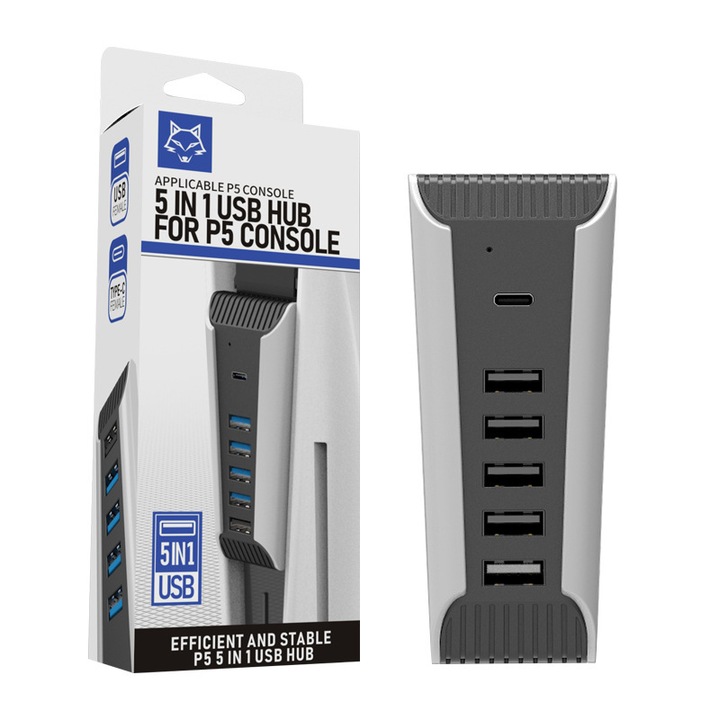 PS5 USB Hub, 5 az 1-ben, ABS, Fekete