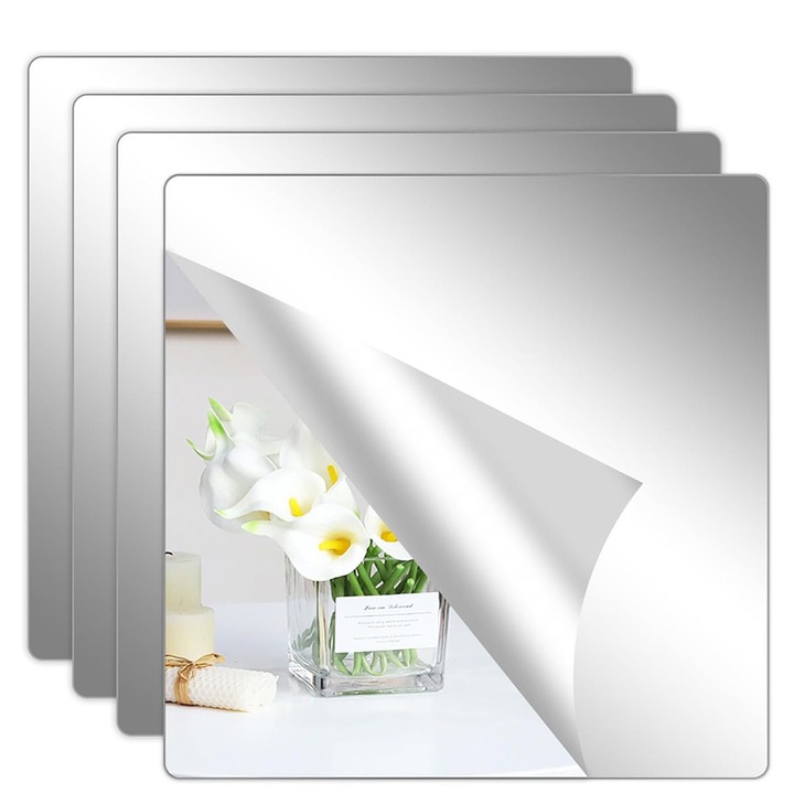 Комплект от 4 Декоративни Акрилни Самозалепващи се Квадратни Огледала, BOMSTOM, 20x20 см, За Стена и Мебели, Отражение с висока дефиниция, Лесни за инсталиране, Сребристи