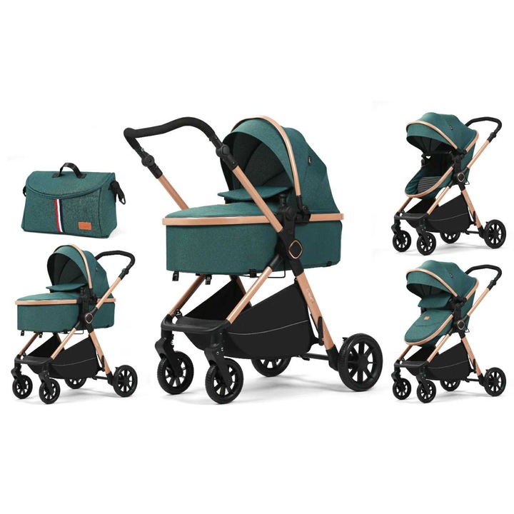 Carucior 2 in 1, Suspensie dubla pe roata, Geanta inclusa, strangere compacta, Maner reversibil, Verde