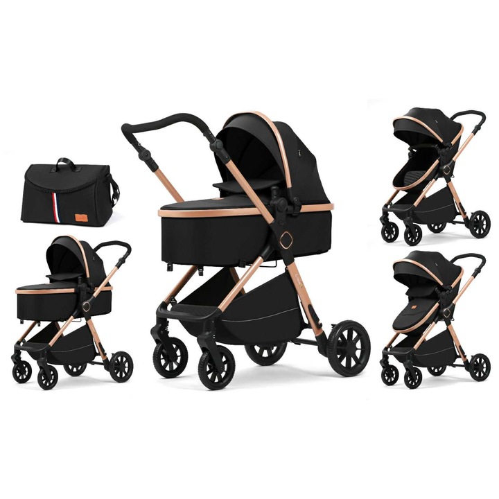 Carucior 2 in 1, Suspensie dubla pe roata, Geanta inclusa, strangere compacta, Maner reversibil, Negru