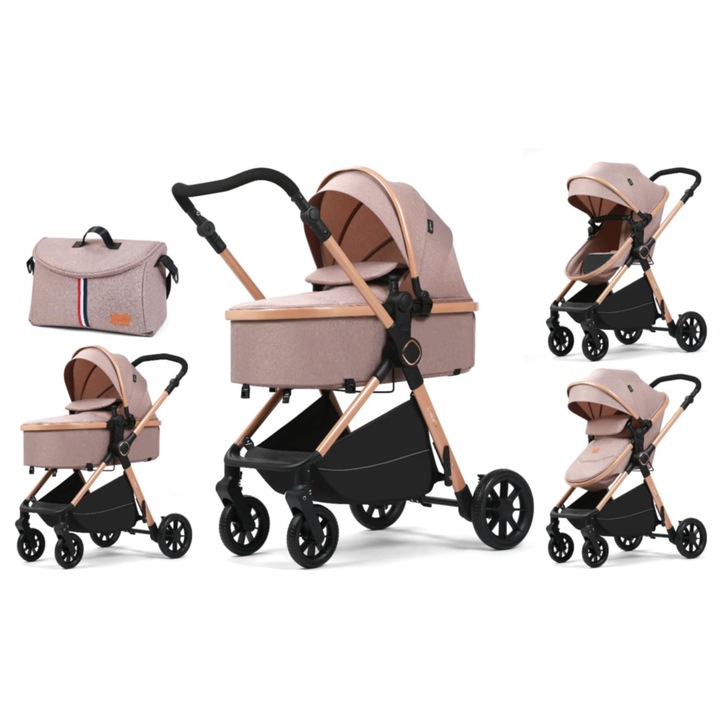 Количка 2 в 1, Двойно окачване на колелата, Включена чанта, Компактно сгъване, Реверсивна дръжка, Бежов