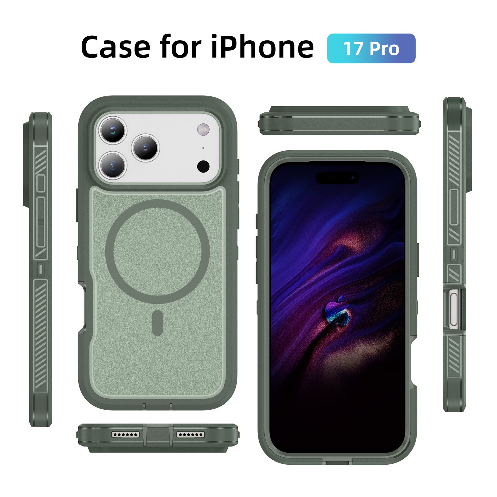Husa protectie telefon, Bluvista®, Compatibila Apple iPhone 17 Pro, Antisoc, Protectie Superioara, Bumper interior, Magsafe, Verde gri