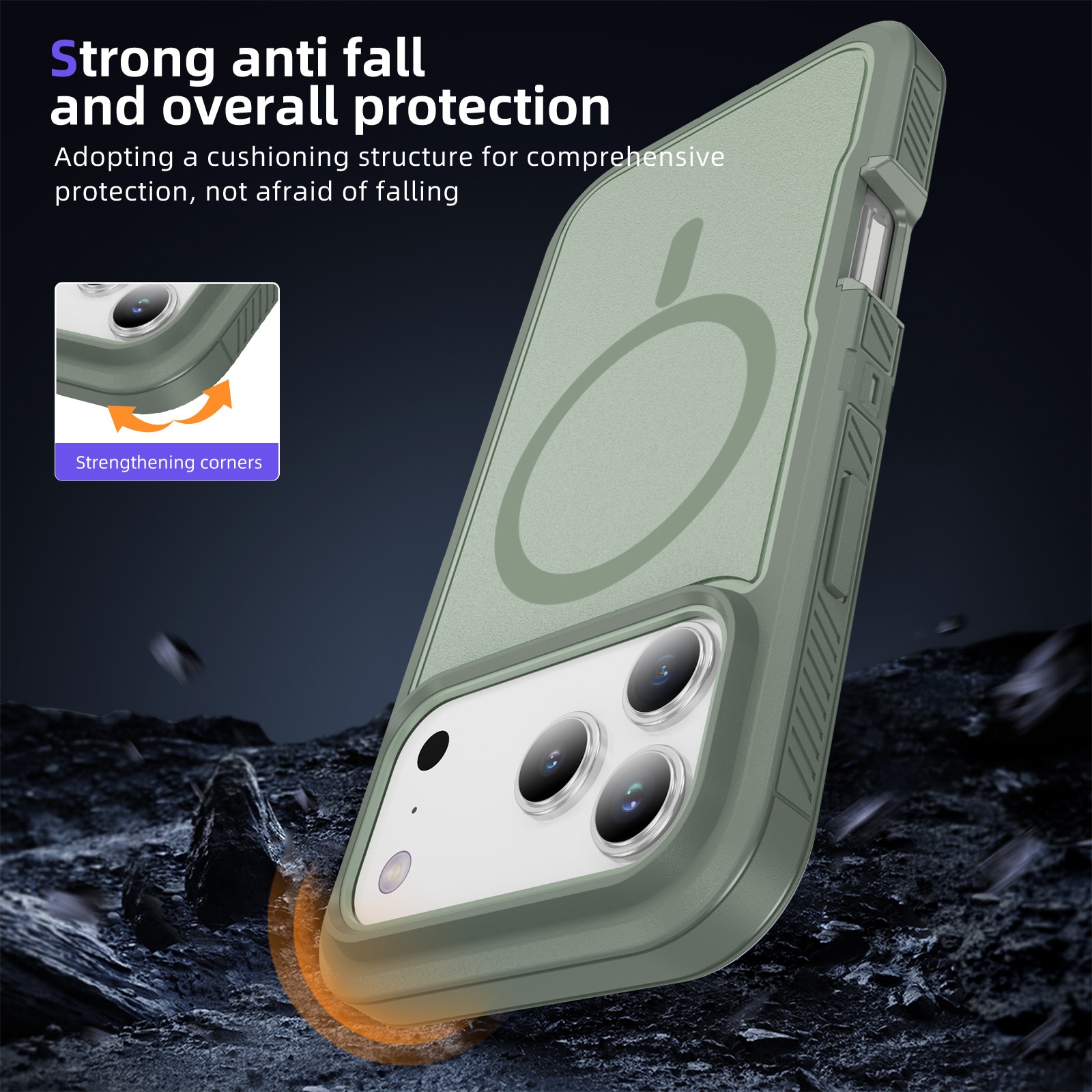 Husa protectie telefon, Bluvista®, Compatibila Apple iPhone 17 Pro, Antisoc, Protectie Superioara, Bumper interior, Magsafe, Verde gri