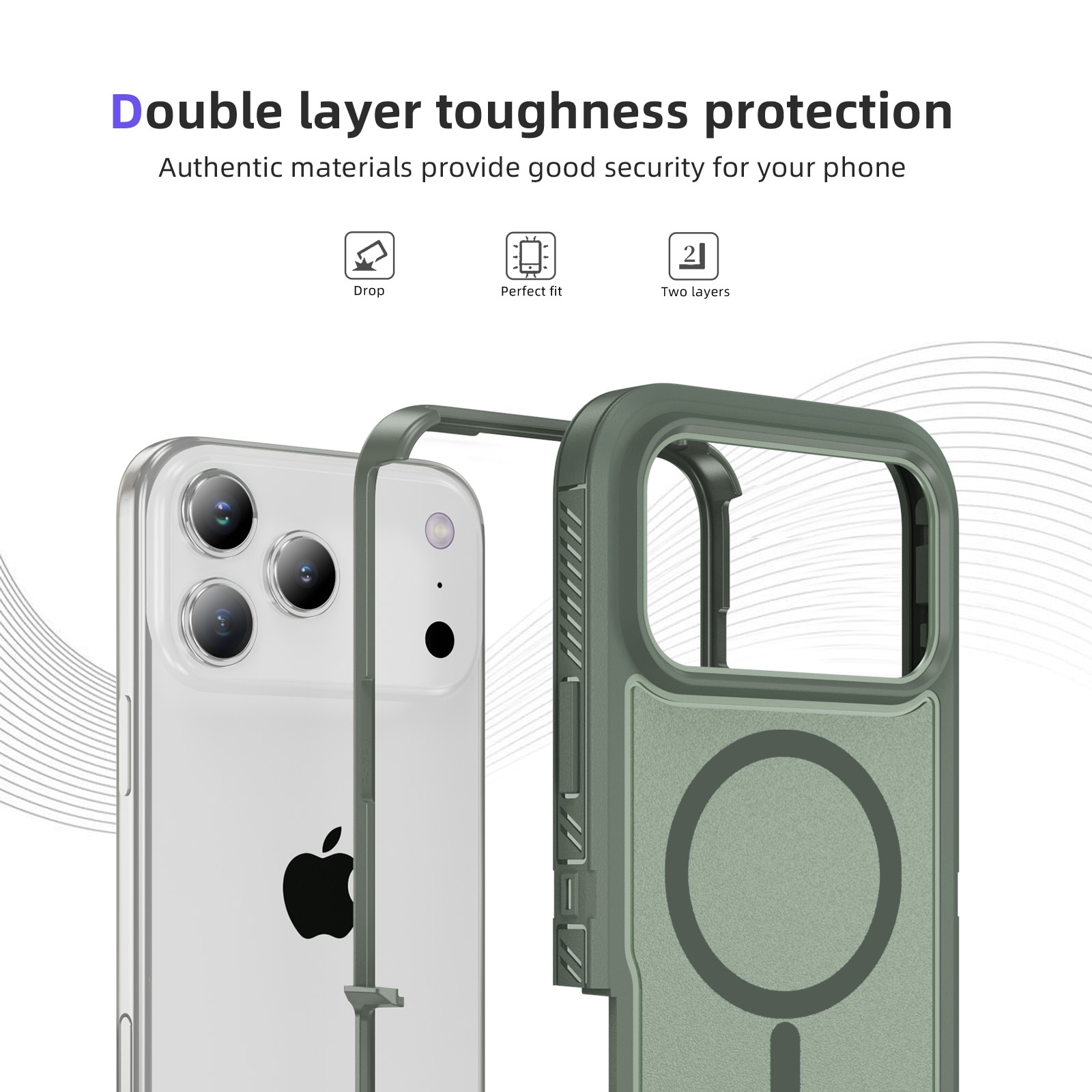 Husa protectie telefon, Bluvista®, Compatibila Apple iPhone 17 Pro, Antisoc, Protectie Superioara, Bumper interior, Magsafe, Verde gri