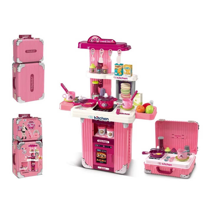 Многофункционална Детска Кухня, Преносима Количка, Интерактивна, със Светлини и Реалистични Звуци, Мивка, Кафемашина, Котлон, Симулация на Готвене, множество аксесоари, Розова
