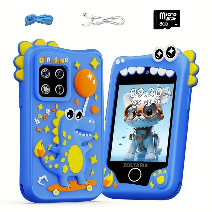 Telefon Mobil si Jucarie Educativa, NO Internet/Apeluri, Doua Camere Foto/Video Magic Stickers, 20 Jocuri Puzzle, 10 Audiobooks, MP3 Player, Functii Practice de Invatare, Lectii Alfabet, Urmarire Obiceiuri, Alarma, Calculator, Lanterna, Albastru