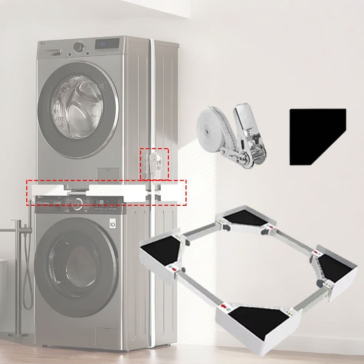 Kit universal de suprapunere MOSMAOO® pentru masina de spalat si uscator de rufe, Cadru de conectare cu curea cu clichet, Reglabila 29"-24", Alb