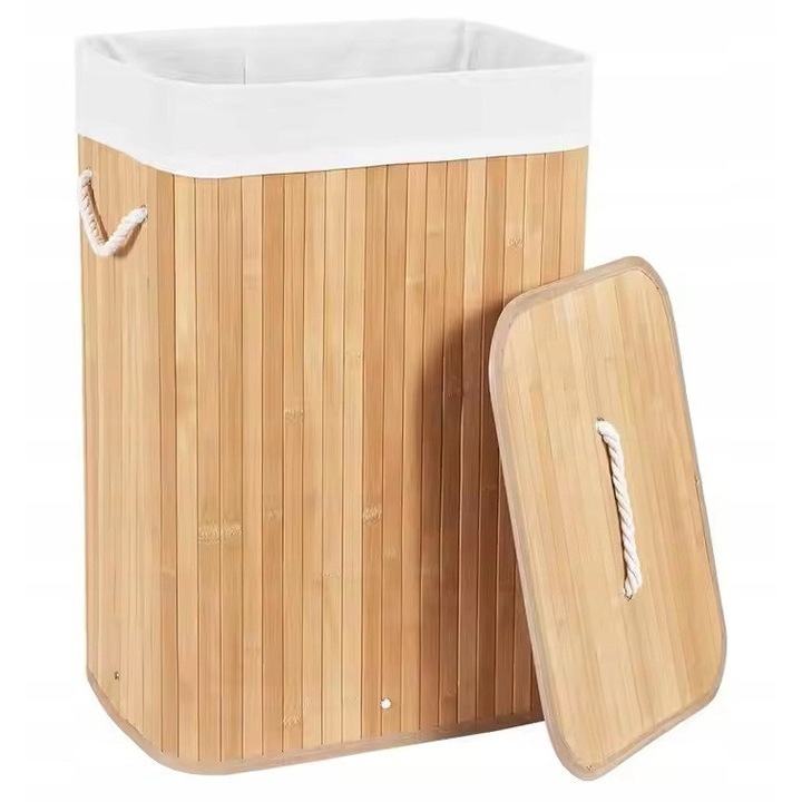 Cos Pentru Rufe / Jucarii, Cos De Rufe, Knp-1-P, Material Bambus, Sac Interior Cu Snur, Poliester Cu Bumbac, Culoare Sac Nuante De Bej, Forma Paralelipiped, 40 cm x 30 cm x 60 cm, Natural