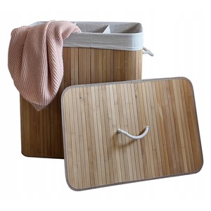 Cos Pentru Rufe / Jucarii, Ekspand, Knp-3, Bambus Natural, Trei Compartimente 3 x 50L, Structura Pliabila, Sac Din Bumbac Detasabil, 60 cm x 40 cm x 61, 5 cm, Nuante De Bej