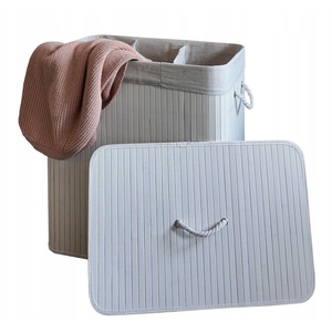Cos Pentru Rufe / Jucarii, Ekspand, Knp-3, Bambus Natural, Trei Compartimente 3 x 50L, Structura Pliabila, Sac Din Bumbac Detasabil, 60 cm x 40 cm x 61, 5 cm, Alb