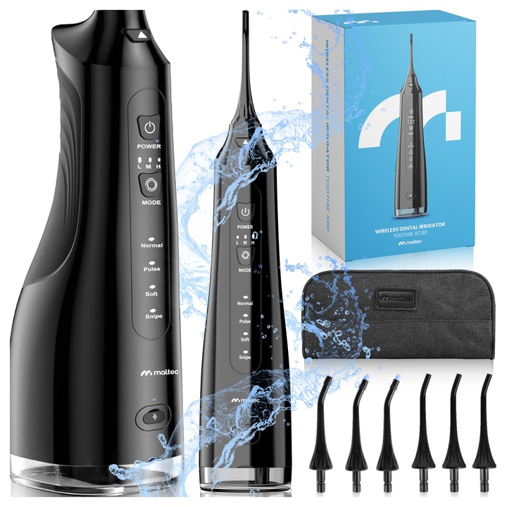 Преносим орален иригатор Toothie X60, Maltec, 150 PSI, безжичен, 4 режима на работа, 4 различни дюзи, черен