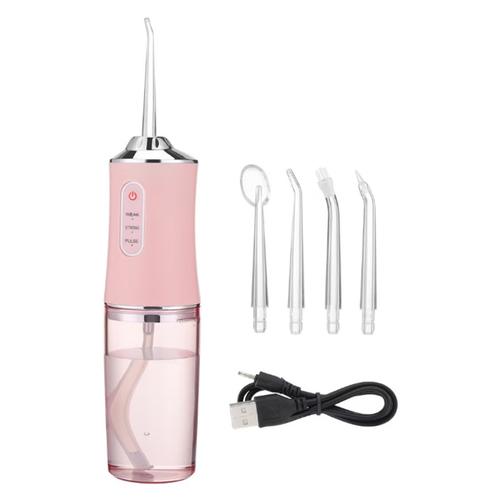 Иригатор за уста GermaNova, професионален, 4 почистващи глави против зъбен камък, резервоар 220 мл, 3 режима, розов