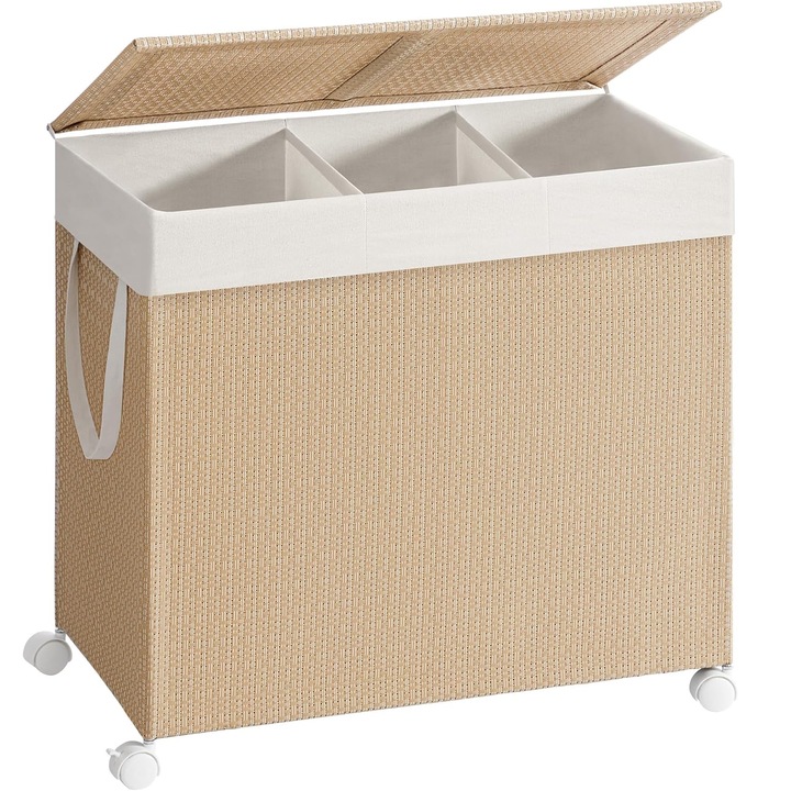 SONGMICS Szennyestartó kosár, 140L, 3 rekesszel és kerekekkel, 66x38x65 cm, natúr bézs