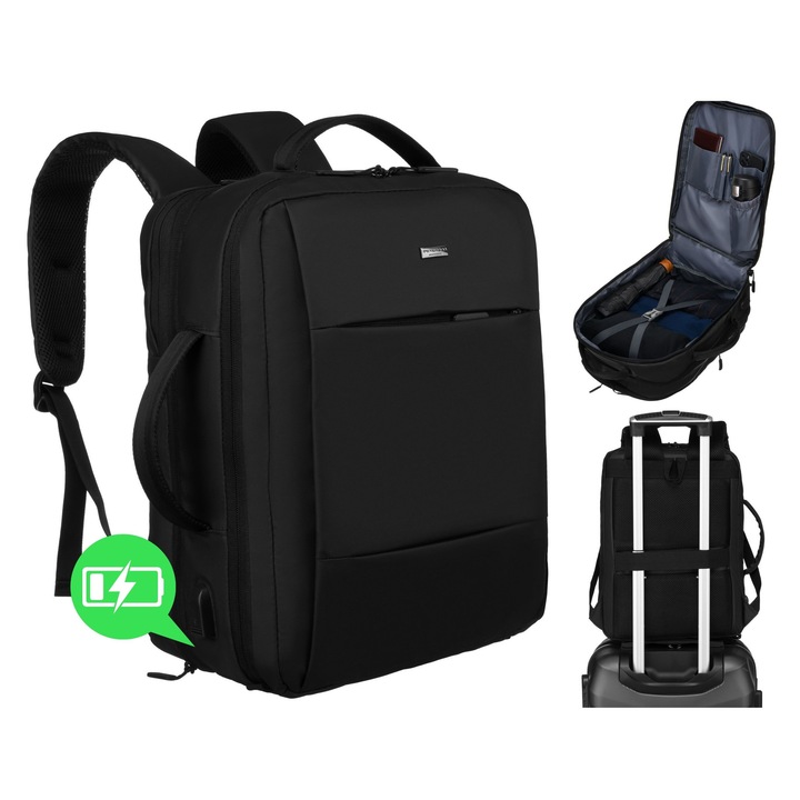 Rucsac De Calatorie, Peterson, 40x30x20 cm, Material Poliester, Numar Compartimente 2, Numar Buzunare 7, Port USB Extern, Materiale De Inalta Calitate, Negru