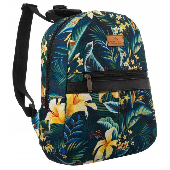 Дамска раница, Rovicky, 30x25x10 см, Текстил и екологична кожа, 1 Отделение, 3 Джоба, включително един с цип, Регулируеми, ергономични презрамки, Дръжка от екологична кожа, Зелен с флорален мотив
