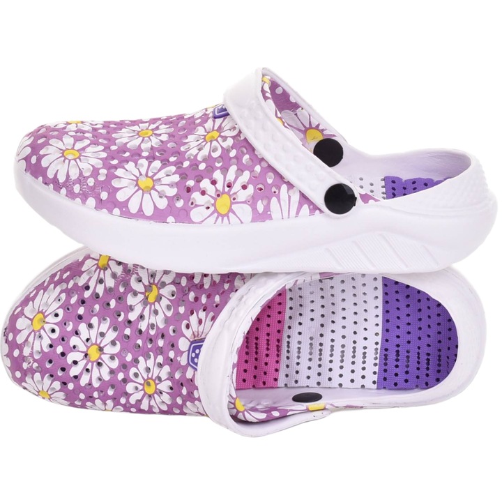 Papuci dama Martinus, spuma, imprimeu floral, alb si violet, usori si confortabili