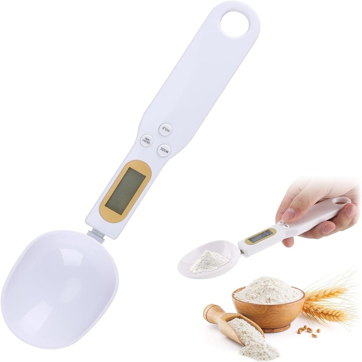 Cantar Digital de Bucatarie Tip Lingura Brivoo®, Precizie 0.1g, Capacitate 50g, LCD, Plastic Alb Premium, Baterie CR2032 Inclusa