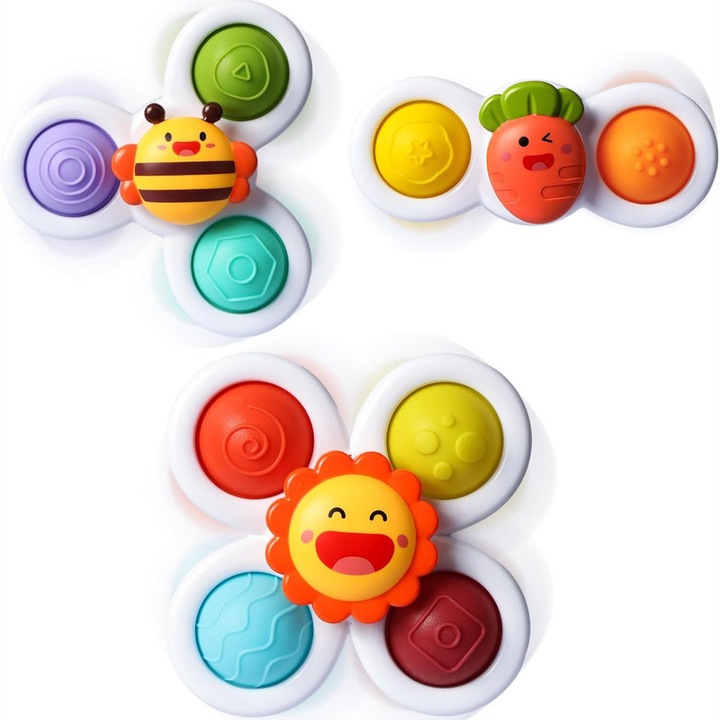 Set 3 Jucarie interactiva pentru bebelusi 12+ luni, Esther Beauty®, Spinner cu Ventuza (ABS/Silicon), Pentru Calatorii/Baie/Masa - Dezvolta Motricitatea, Sigur pentru Dinti, Multicolor