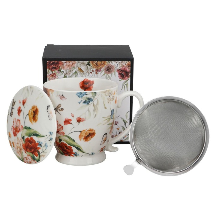 Cana Cu Infuzor, Duo, Capacitate 510 ml, Alb, Portelan Cu Capac Si Sita Metalica, Model Floral, Maner Confortabil Si Baza Stabila, Ideala Pentru Infuzie De Ceai, Ambalaj Elegant