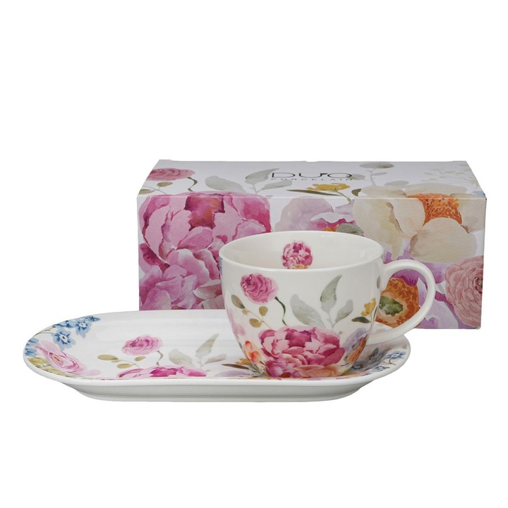 Set Farfurie + Cana, Duo, June, Capacitate 450 ml, Alb, Portelan, Cu Farfurie lunga, Model Pastel Cu Bujori Si Trandafiri, Ambalaj Elegant Pentru Cadou, Ideal Pentru Momentele De Dimineata