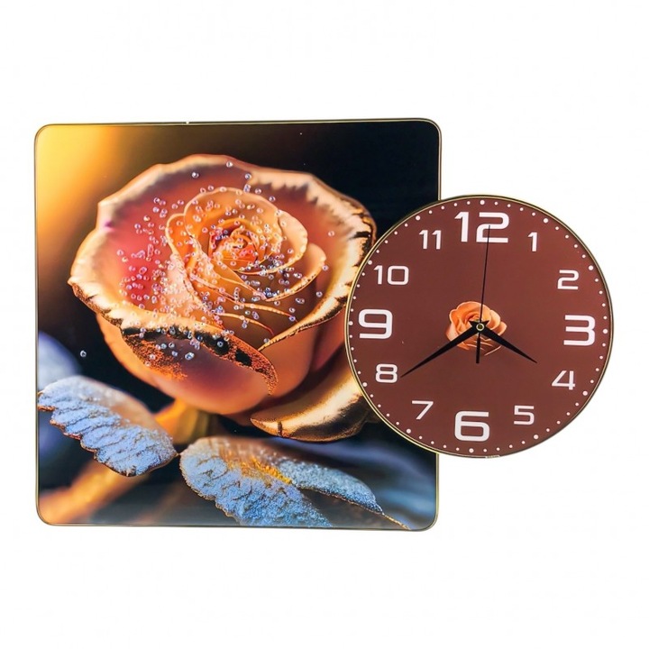 Дървена картина, изобразяваща цвете с кристали и пластмасов часовник. 54X39 см, M4