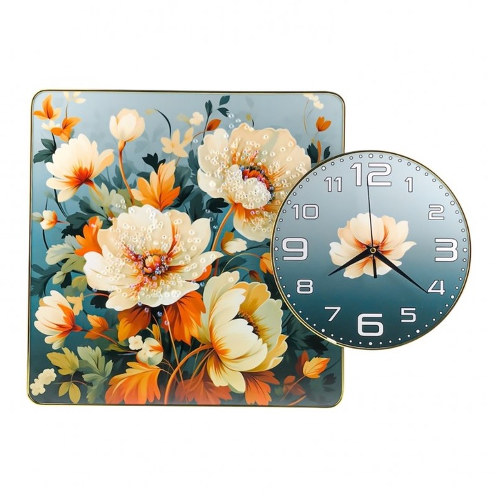 Дървена картина, изобразяваща цвете с кристали и пластмасов часовник. 54X39 см, M2