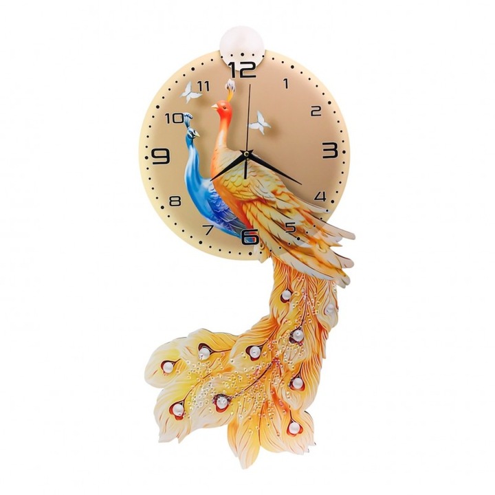 Дървен часовник (MDF) с паун и малки кристали 28X60 см M4