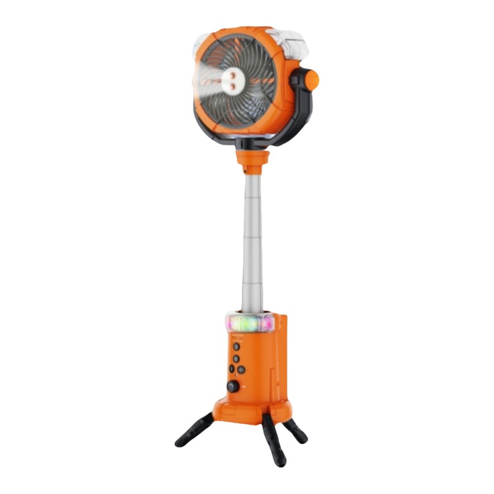 Ventilator portabil pentru camping in aer liber, cronometru, miscare oscilanta, reincarcabil USB, rezistent la apa si praf, 3W, baterii duale, ceata de gheata cu efect dublu, raza de actiune de 15 m, retractabil, telecomanda, portocaliu